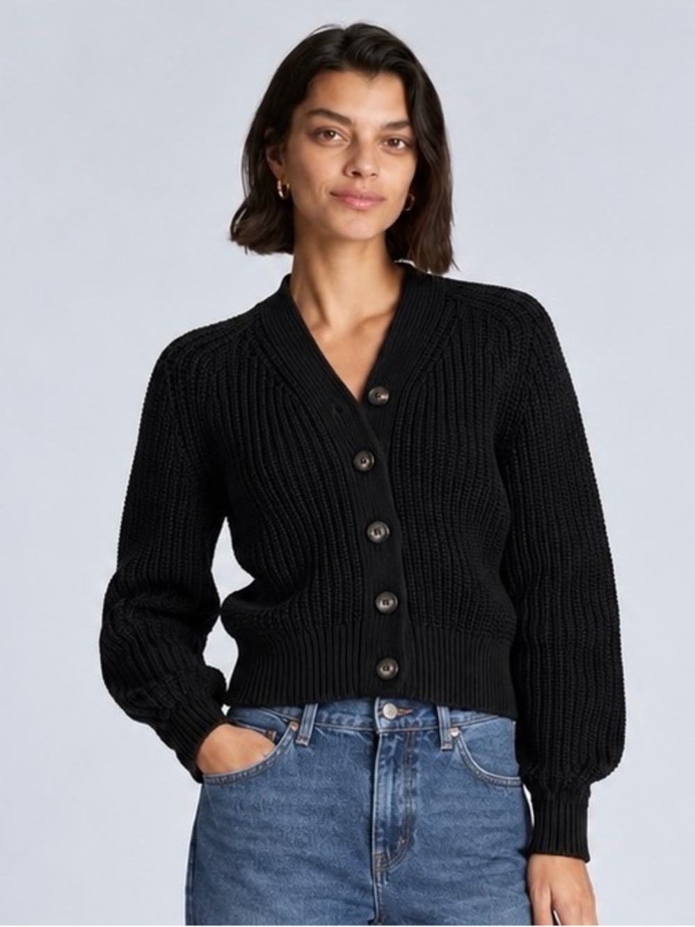 Everlane The Texture Cotton Cardigan Button Front Cropped In Black Size S